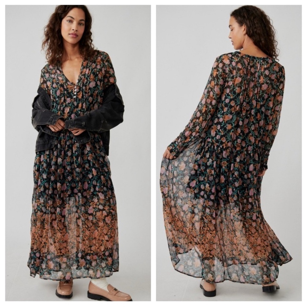 NWT Free People Black and Brown Floral Maxi Dress size M